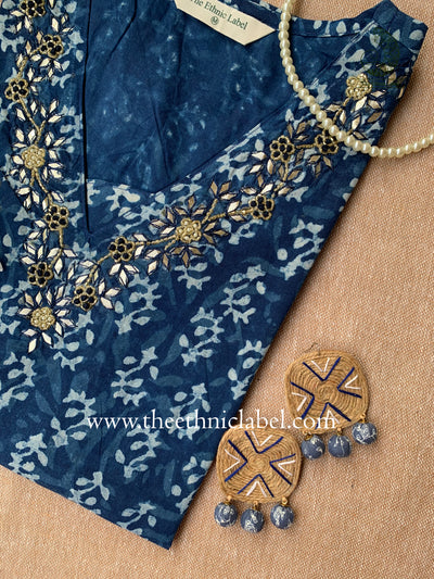 "Ahilya" Hand Embroidered Block Printed Cotton kurta - L