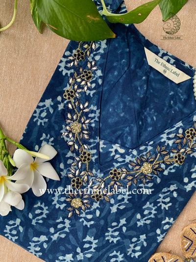 "Ahilya" Hand Embroidered Block Printed Cotton kurta - L
