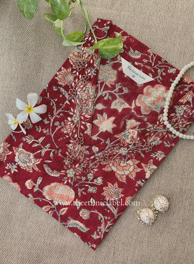 "Naqsh" Hand Embroidered Block Printed Red Cotton kurta