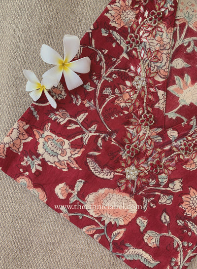 "Naqsh" Hand Embroidered Block Printed Red Cotton kurta