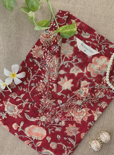 "Naqsh" Hand Embroidered Block Printed Red Cotton kurta