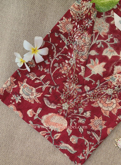 "Naqsh" Hand Embroidered Block Printed Red Cotton kurta