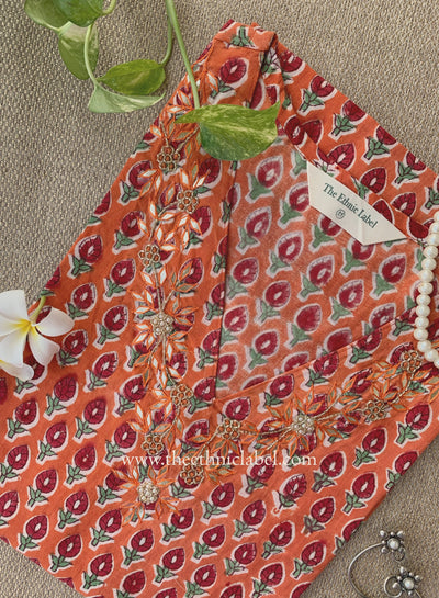 "Jhalak" Hand Embroidered Block Printed Orange Cotton kurta