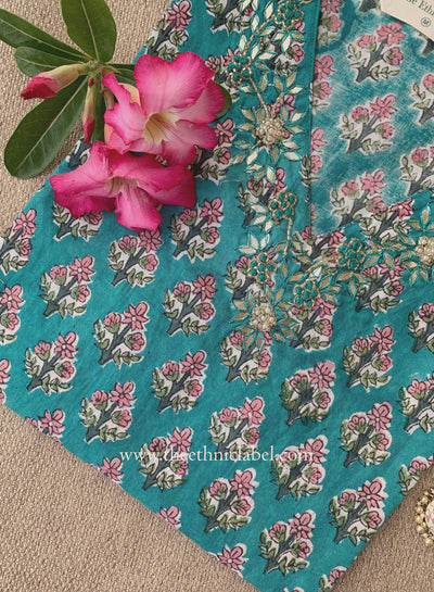 "Zevar" Hand Embroidered Block Printed Blue Cotton kurta