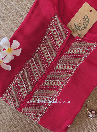 "Sudha" red embroidered silk kurta- XXL