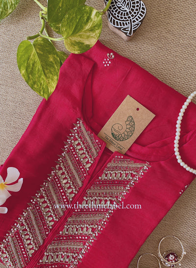 "Sudha" red embroidered silk kurta- XXL
