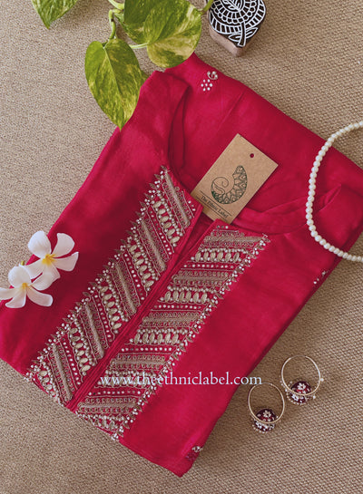 "Sudha" red embroidered silk kurta- XXL