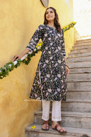 Black Petunia Sanganeri Hand Block Printed laced Cotton kurta