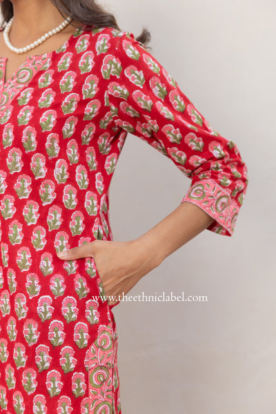 "Krutika" Red Cotton Kurta Set with Chiffon Dupatta(3pc)