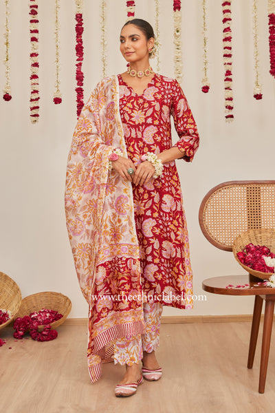 "Vedika" Red Scalloped Hand Block Printed Chanderi Suit Set (3pc)