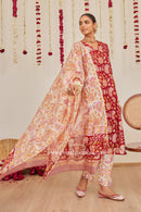 "Vedika" Red Scalloped Hand Block Printed Chanderi Suit Set (3pc)