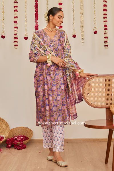 "Pari" Purple Hand work Chanderi Suit Set(3pc)