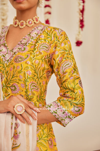 "Meera" Yellow Hand Block Printed Chanderi Suit Set (3pc)