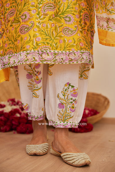 "Meera" Yellow Hand Block Printed Chanderi Suit Set (3pc)