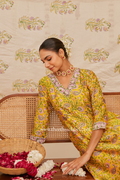 "Meera" Yellow Hand Block Printed Chanderi Suit Set (3pc)