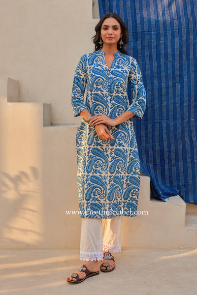 "Neel" Indigo Hand Block Printed Cotton Kurta