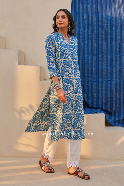 "Neel" Indigo Hand Block Printed Cotton Kurta