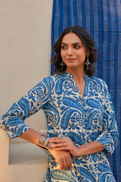 "Neel" Indigo Hand Block Printed Cotton Kurta