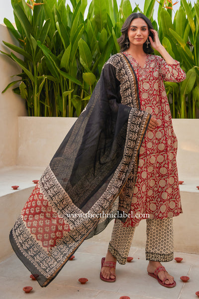 "Bindu" Hand Embroidered Block Printed Cotton kurta