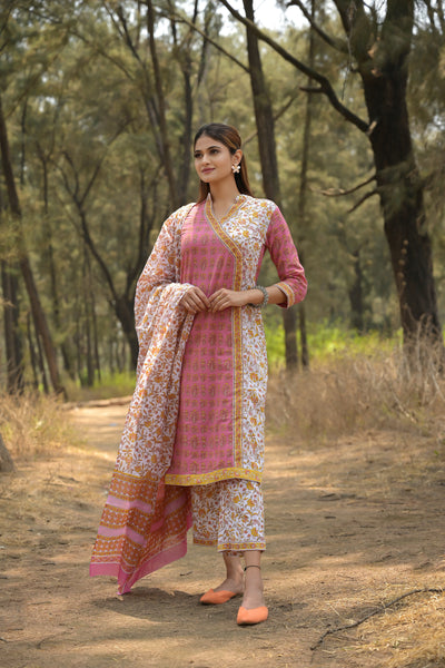 Pink & White 'Wishful' Cotton Kurta Set with Dupatta