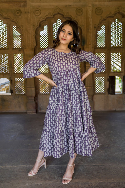 Lavender Pineapple Hand Block Printed Dress
