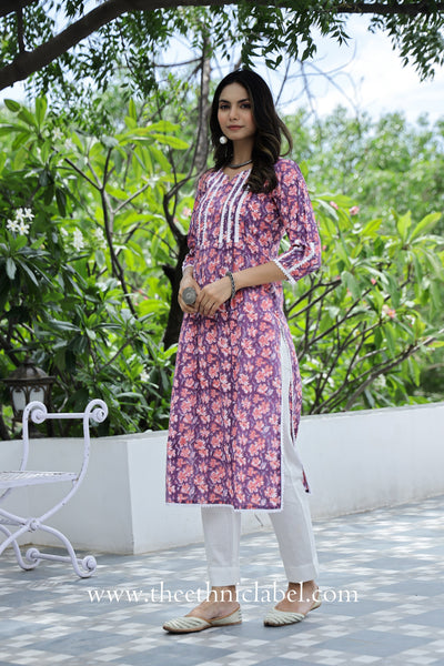"Aina" Purple Laced Cotton Kurta