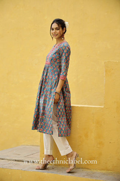 "Adaa" Blue A line Cotton Kurta