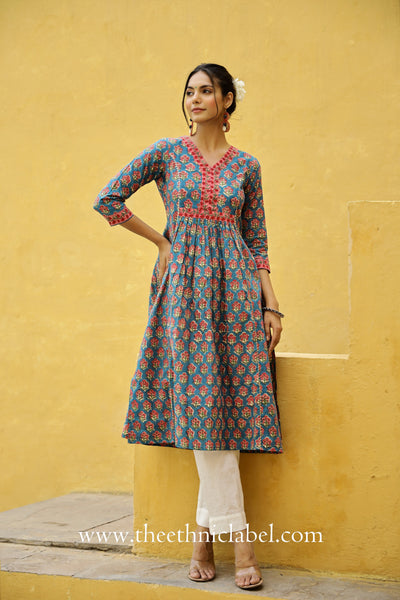 "Adaa" Blue A line Cotton Kurta