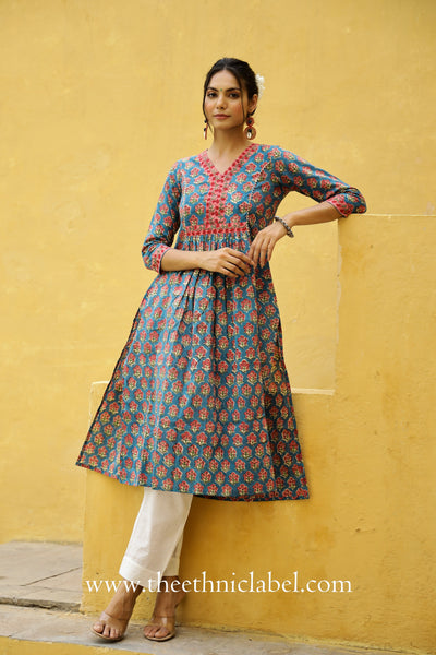 "Adaa" Blue A line Cotton Kurta