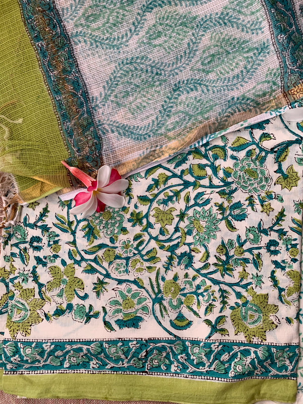 Sea green-White Jaal Floral Unstitched Suit Set with Doria Dupatta