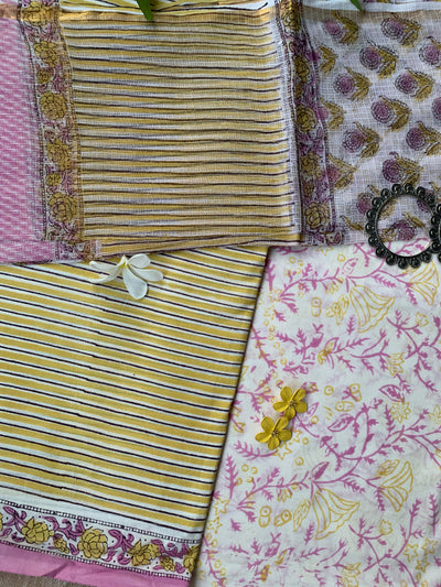 Mustard Striped Unstitched Suit Set with Doria Dupatta