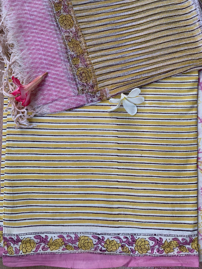 Mustard Striped Unstitched Suit Set with Doria Dupatta