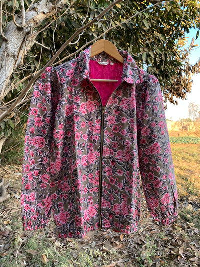 Grey-Pink Floral Bomber Jacket