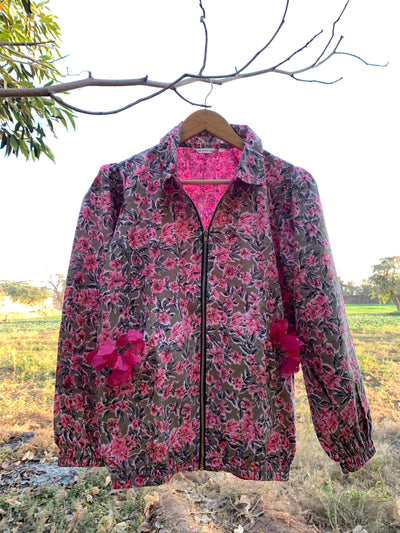 Grey-Pink Floral Bomber Jacket