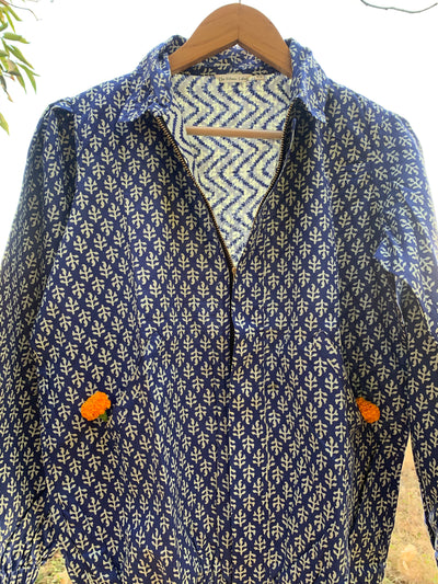 Indigo Leaf pattern Bomber Jacket