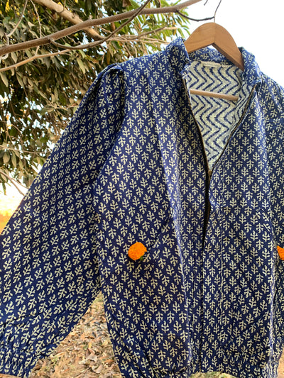 Indigo Leaf pattern Bomber Jacket