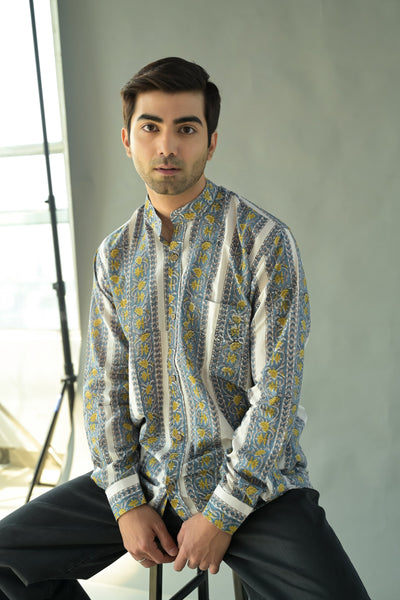 Grey Striped Mandarin Collared Shirt