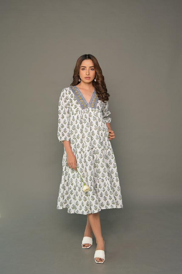 White Floral ‘Bewildering’ Printed Cotton Dress
