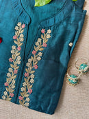 "Meena" Hand Embroidered Turquoise Silk Kurta