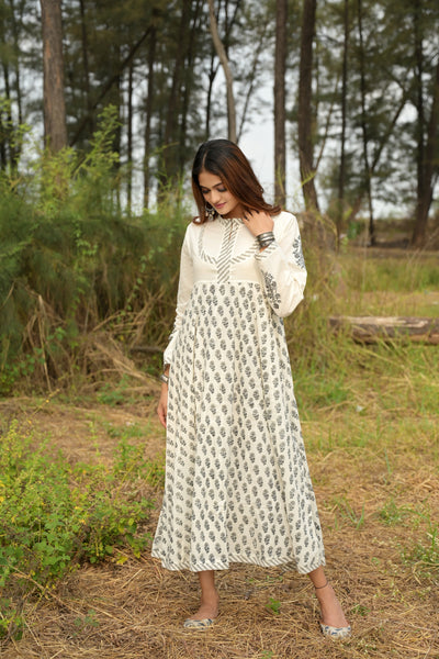 White 'Wonder' Hand Block Printed Cotton Dress - XL