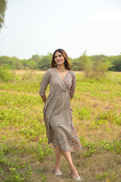 Beige 'Blissful' Multiprint Cotton Angrakha Dress