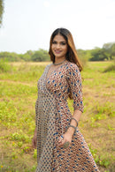 Beige 'Blissful' Multiprint Cotton Angrakha Dress