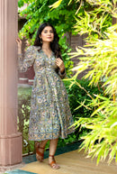 Olive 'Floral Fitoor’ Hand Block Printed Cotton Dress