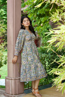 Olive 'Floral Fitoor’ Hand Block Printed Cotton Dress