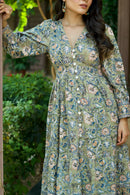 Olive 'Floral Fitoor’ Hand Block Printed Cotton Dress