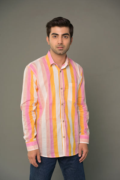 Multicolour 'Magic' Striped Cotton Dress & Shirt Combo