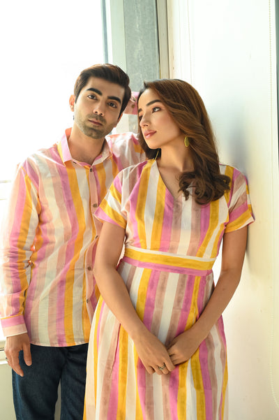 Multicolour 'Magic' Striped Cotton Dress & Shirt Combo