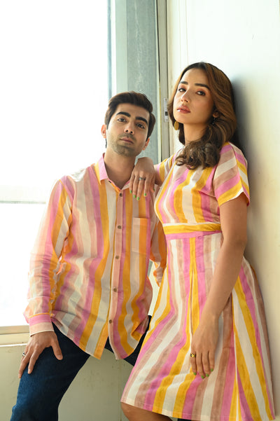 Multicolour 'Magic' Striped Cotton Dress & Shirt Combo