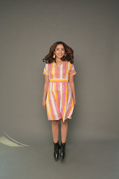 Multicolour 'Magic' Striped Cotton Dress & Shirt Combo