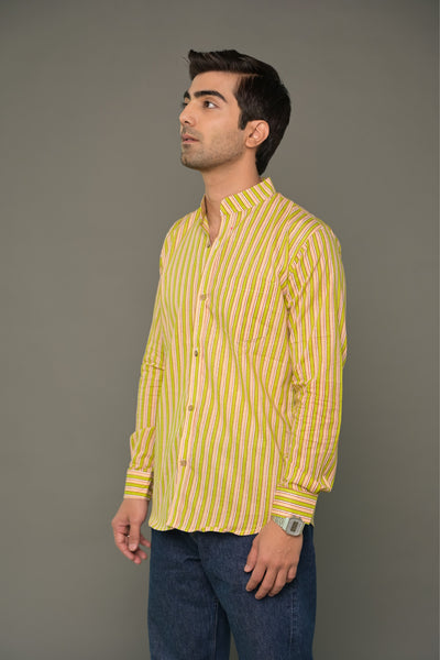 Green striped mandarin collared shirt